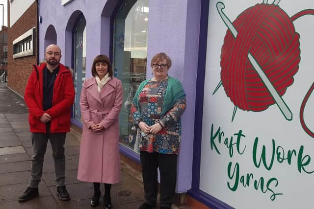Bridget Phillipson MP, centre, with Tom Feeney and Debbie Conway, of The Arches-based Kraft Work Yarns