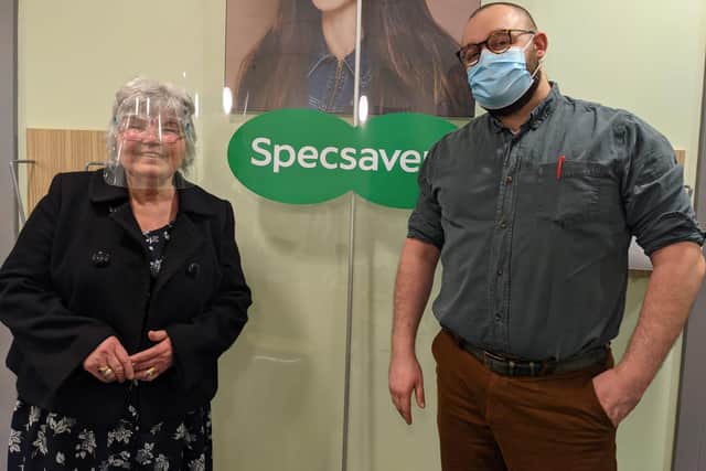 Grateful Hartlepool grandmother Cynthia Corbett with Specsavers optician Craig Walker.