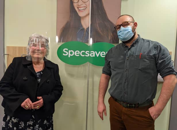 Grateful Hartlepool grandmother Cynthia Corbett with Specsavers optician Craig Walker.