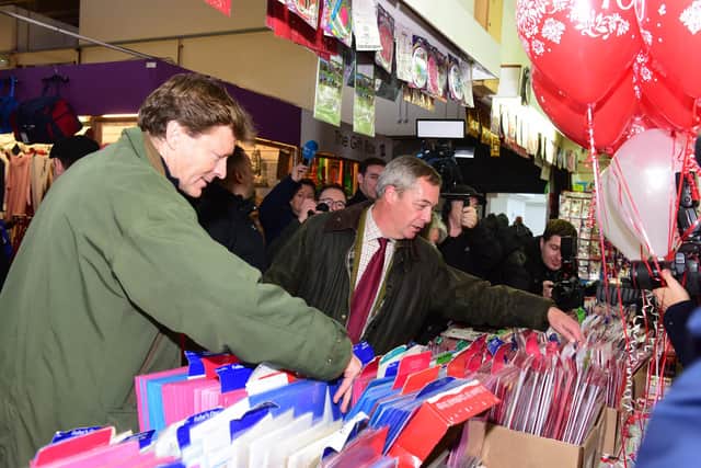 Brexit Party Leader Nigel Farage with Hartlepool candidate Richard Tice choosing Christmas cards in Hartlepool before the 2019 General Election. Mr Tice is going to stand again in town at the next election for Reform UK.