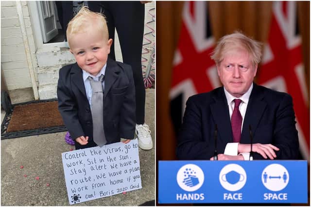 Little Archie Rickerby dressed as Prime Minister Boris Johnson for the Hartlepool Carnival fancy dress competition. (Image by Chantele Dawes/Getty Images)