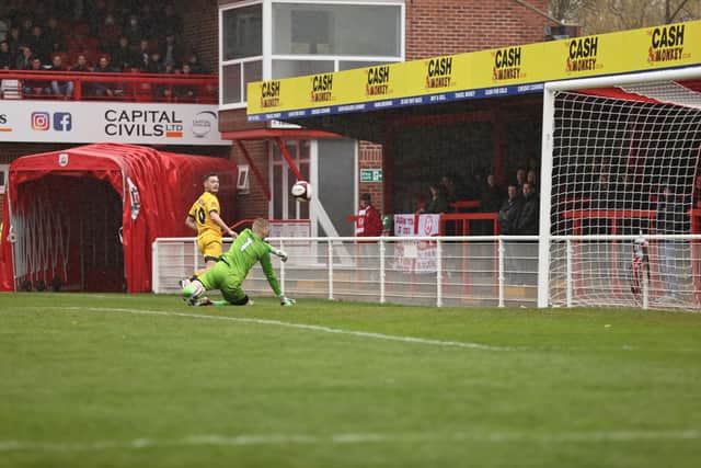 Luke Moluneux of Hartlepool scoring a goal during the FA Cup Fourth Qualifying Round match between Ilkeston Town and Hartlepool United at the New Manor Ground, Ilkeston on Saturday 24th October 2020. (Credit: James Holyoak | MI News)