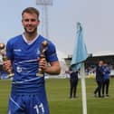 Hartlepool United's Rhys Oates with his player of the season award during the Vanarama National League match between Hartlepool United and Weymouth at Victoria Park, Hartlepool on Saturday 29th May 2021. (Credit: Mark Fletcher | MI News)