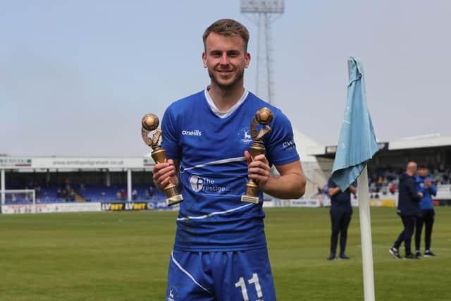 Hartlepool United's Rhys Oates with his player of the season award during the Vanarama National League match between Hartlepool United and Weymouth at Victoria Park, Hartlepool on Saturday 29th May 2021. (Credit: Mark Fletcher | MI News)