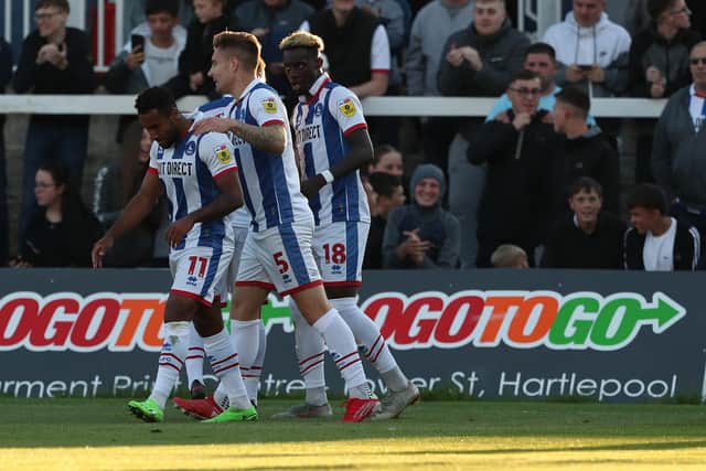 Hartlepool United celebrated their first win of the season over Harrogate Town in the Papa Johns Trophy. (Credit: Mark Fletcher | MI News)