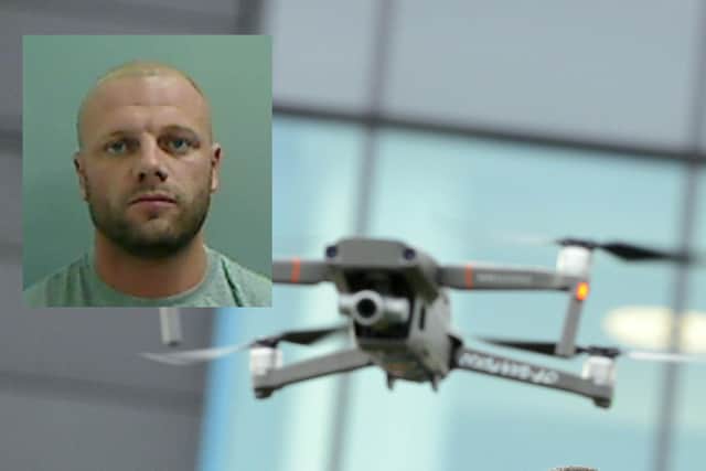 Daniel Bird (inset) was caught trying to dispose of drugs by a police drone.