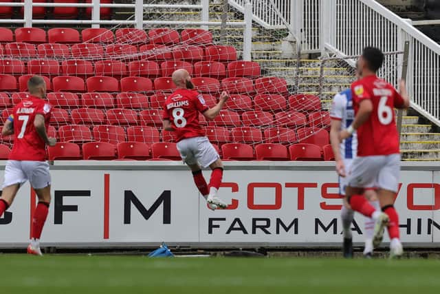 Jonny Williams celebrates the opening goal for Swindon Town against Hartlepool United. (Credit: Dave Peters | Prime Media | MI News)