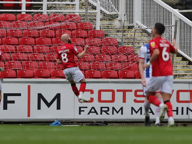 Jonny Williams celebrates the opening goal for Swindon Town against Hartlepool United. (Credit: Dave Peters | Prime Media | MI News)