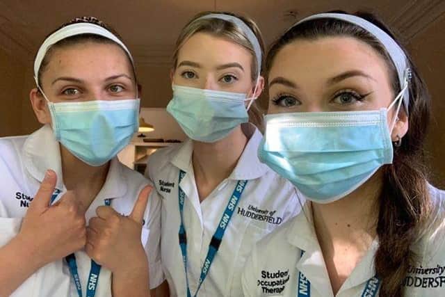 Student nurses at the University of Huddersfield Hospitalwearing the headbands. 
(Left to right)  Victoria Franklin, Amie Pumford and right is Meg O’Connor.