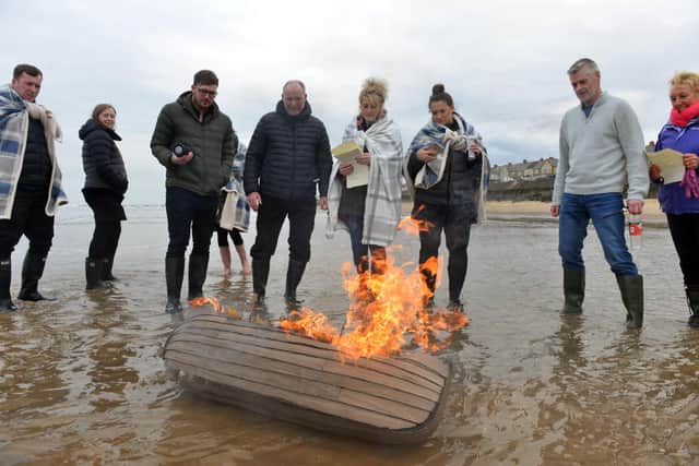 Viking funeral for Hartlepool fisherman Frederick Pearson with family at Spion Kop beach on the Headland.