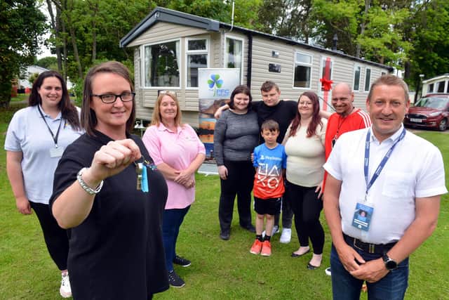 The new PFC Trust respite caravans at Cresswell Towers. Hartlepool family Darren and Janet Cooper are pictured with children Abbey, 16, Freddie, 13 and Alex , 9. Also pictured are Hartlepool Carers, from left, Roxanne Boagey, Christine Fewster and  Paula Fewster with Cresswell Towers' Chris Smith.