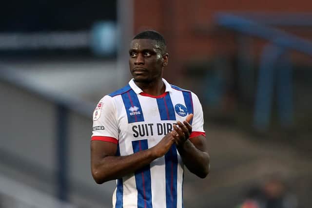 Josh Umerah is in contention for his Hartlepool United return in the FA Cup second round tie with Harrogate Town. (Credit: Mark Fletcher | MI News)