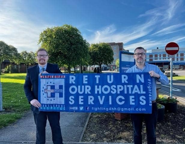 Councillor Jonathan Brash and Glen Hughes outside the University Hospital of Hartlepool.