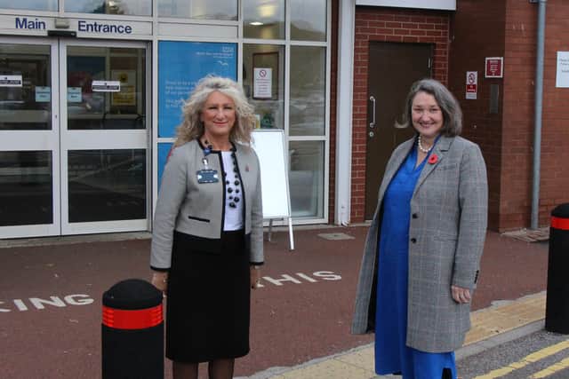 Julie Gillon (left) chief executive of North Tees and Hartlepool NHS Foundation Trust with Jill Mortimer MP outside of the University Hospital of Hartlepool.