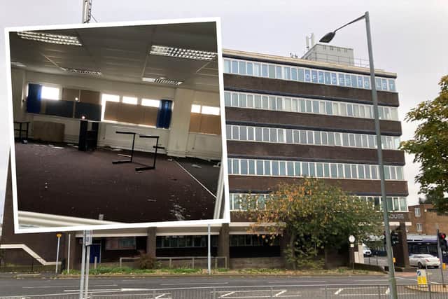 Ridgemount House in Peterlee and (inset) the unsafe conditions nine workers were found camping in.