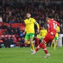 Cameron Archer scores for Middlesbrough against Norwich City at Riverside Stadium. (Photo by Stu Forster/Getty Images)