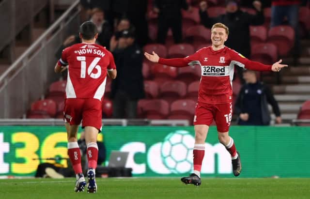 Duncan Watmore celebrates after scoring their sides first goal during the Sky Bet Championship match between Middlesbrough and Sheffield United. (Photo by Stu Forster/Getty Images)