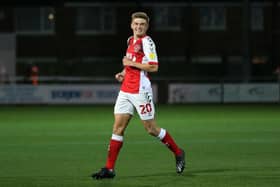 Harvey Saunders of Fleetwood Town celebrates scoring his sides first goal during the Sky Bet League One match between Fleetwood Town and Hull City at Highbury Stadium on October 09, 2020 in Fleetwood, England (Photo by Lewis Storey/Getty Images)