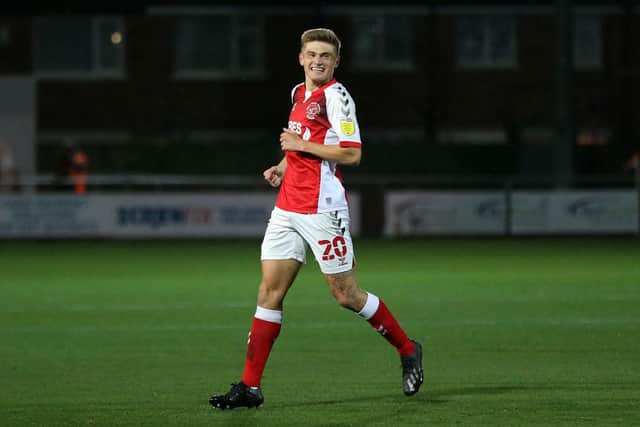 Harvey Saunders of Fleetwood Town celebrates scoring his sides first goal during the Sky Bet League One match between Fleetwood Town and Hull City at Highbury Stadium on October 09, 2020 in Fleetwood, England (Photo by Lewis Storey/Getty Images)