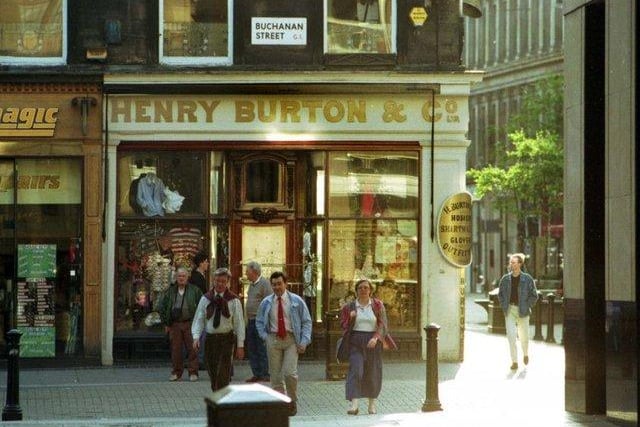 Exterior of Henry Burton & Co, men's outfitters at the corner of Buchanan Street, June 1992.
