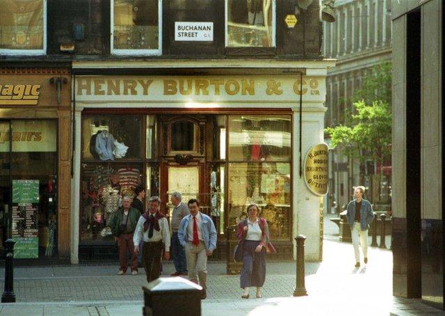Exterior of Henry Burton & Co, men's outfitters at the corner of Buchanan Street, June 1992.
