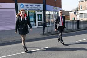 Dr Paul Williams, Labour Party candidate for Hartlepool and Angela Rayner, Deputy Leader and Chair of the Labour Party walk through town as they go to visit a covid vaccination centre at Hartlepool Town Hall (Photo by Ian Forsyth/Getty Images)