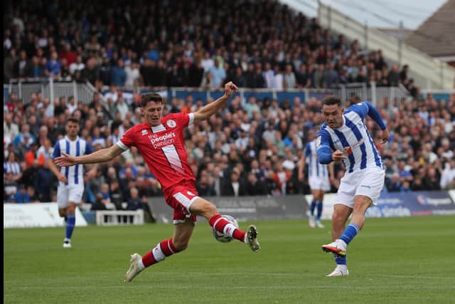 Luke Molyneux of Hartlepool United shoots from range during the Sky Bet League 2 match between Hartlepool United and Crawley Town. (Credit: Mark Fletcher | MI News)