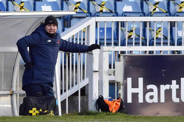 Dave Challinor in the dugout for Hartlepool United at Victoria Park. Picture by FRANK REID