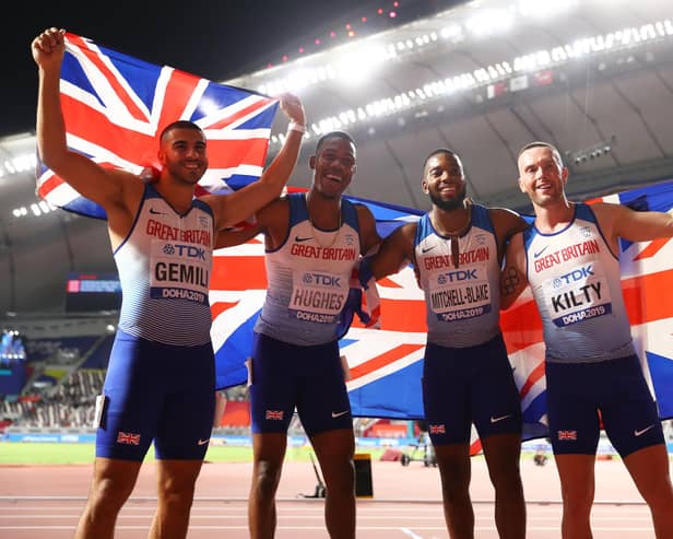 DOHA, QATAR - OCTOBER 05: Adam Gemili, Zharnel Hughes, Richard Kilty and Nethaneel Mitchell-Blake of Great Britain celebrate silver in the Men's 4x100 Metres Relay during day nine of 17th IAAF World Athletics Championships Doha 2019 at Khalifa International Stadium on October 05, 2019 in Doha, Qatar. (Photo by Michael Steele/Getty Images)