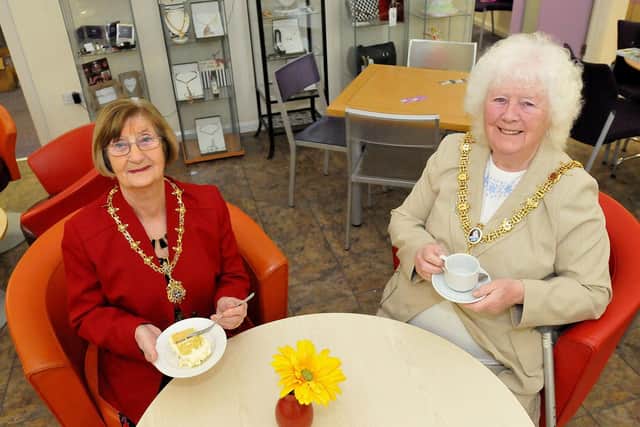The Mayor of Hartlepool Mary Fleet (right) along with the Mayoress Shelia Grifin enjoy their tea and cake during the International Women's day event held at Brougham Enterprise Centre in 2016.