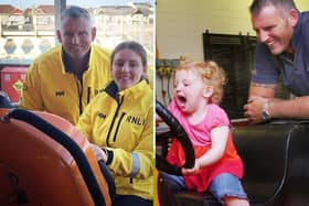 Grace Archer, 16, with her dad Rob Archer at Hartlepool Lifeboat Station alongside a photograph of Grace and Rob at the same location when she was two. Photograph: RNLI/Tom Collins