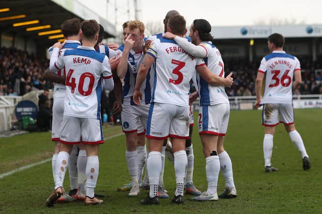 Hartlepool United celebrate the opening goal against Northampton Town at the Suit Direct Stadium. (Photo: Mark Fletcher | MI News)