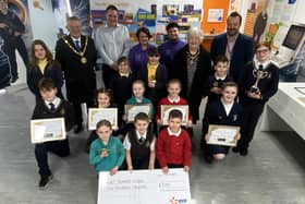 Pupils from Clavering, Hart Golden Flatts, Greatham and Brougham primary schools holding certificates and trophies presented to them by the Mayor of Hartlepool Brian Cowie along with the Mayoress Veronica Nicholson. Also photographed are Andrew Auty (white shirt) from Hartlepool Power Station, Janice Forbes, Gil Parker, and Greg Hildreth from Alice House Hospice. Picture by FRANK REID