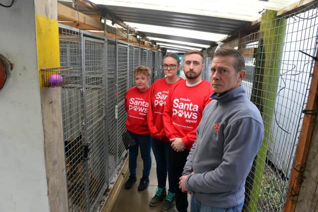 Hartlepool Pets at Home visited Stray Aid on Friday (December 2). Pictured: Pets at Home Suzy Day, Leanne Morse and Shaun Palmer with Stray Aid kennel manager Lee Henderson.