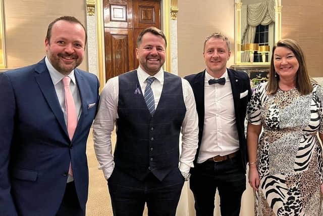 Celebration Dinner at Wynyard Hall, March 2022. From left to right: Greg Hildreth (Alice House Hospice), Simon Corbett (Orangebox Training Solutions), Jamie Arthur (Property Webmasters) and Julie Hildreth (Alice House Hospice).