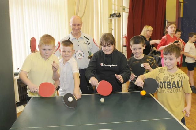 Hartlepool table Tennis Club member, Alan Hind, pictured with Golden Flatts Primary school pupils Mark Ellis-Smith, Brandon Bunce, Elly Whitelock, Jamie Dalkin and Kieran Dunning in 2011.