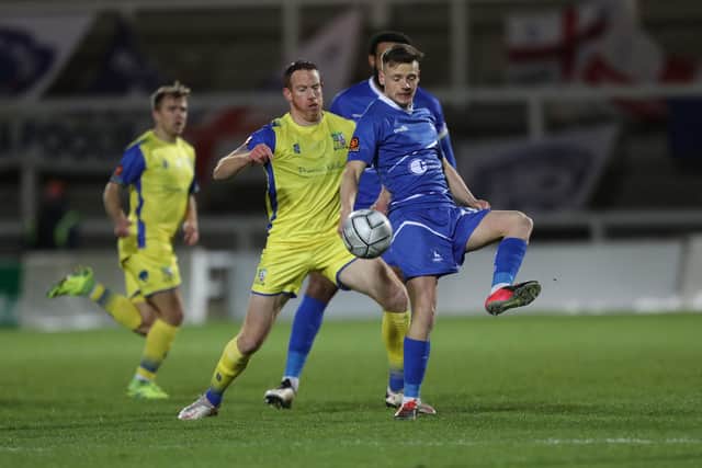 Tom White of Hartlepool United in action  during the Vanarama National League match between Hartlepool United and Solihull Moors at Victoria Park, Hartlepool on Tuesday 9th February 2021. (Credit: Mark Fletcher | MI News)