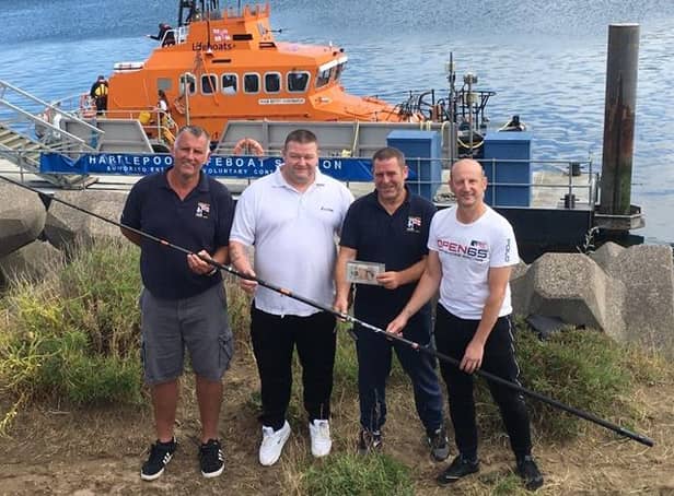 Pictured during the presentation are (left to right) Rob Archer,  Hartlepool RNLI, Jay Lee, fishing rod maker and fundraising organiser, Chris Hornsey, Hartlepool RNLI and Richard Hill, fishing rod winner.