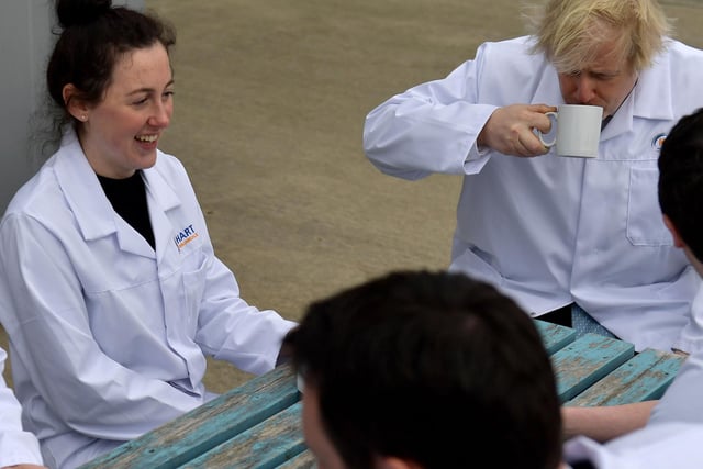 Prime Minister Boris Johnson enjoys a cuppa at Hart Biologicals.