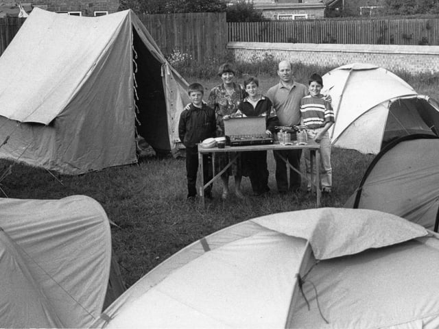 This photo shows some of the tents and cooking equipment provided by the Dafer Cities scheme available to local groups through the West View Project. Pictured from left: Jamie Bell, Erica Akehurst (Safer Cities) Ken Hay, John Robinson and Mick Bingham (West View Project).