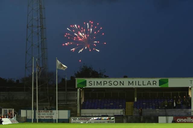 General view of fireworks during the FA Cup match between Hartlepool United and Wycombe Wanderers at Victoria Park, Hartlepool on Saturday 6th November 2021. (Credit: Will Matthews | MI News)