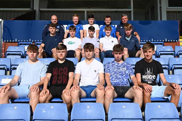 Ian McGuckin, Ethan Wood, Jonathan Constantine and Ian Clark at the Suit Direct Stadium with new recruits Kian Brooksbank, Blaine Garthwaite, Finlay Foster, Kingston Butler, Bobby Constantine, Joe Purvis, Fin Bates, Kai Facchini, Jacob Watson, Xander McKimmie and Harry Lake. Pictures: Hartlepool College. Picture by FRANK REID