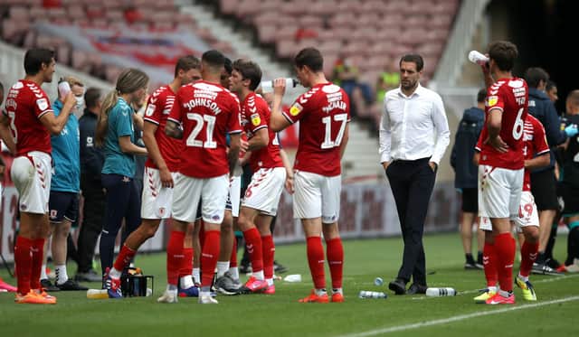 Middlesbrough players take a drinks break during their Championship fixture with Swansea.