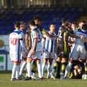 Players from both sides clash during the League Two match between Hartlepool United and Sutton United. (Photo: Mark Fletcher | MI News)