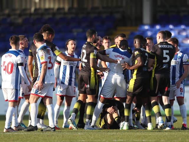 Players from both sides clash during the League Two match between Hartlepool United and Sutton United. (Photo: Mark Fletcher | MI News)