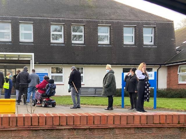 Queues of people outside Hartlepool's Victoria Medical Centre at a jab clinic earlier this month.