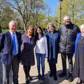 Left to right: Cllr Brian Cowie, Maria Seymour, Akshata Murty, Jill Mortimer, Cllr Mike Young and Cllr Veronica Nicholson in Ward Jackson Park.
