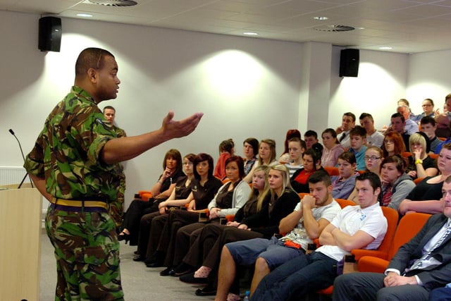 Victoria Cross winning war hero LCpl Johnson BeHarry was invited to Hartlepool College of Further Education in 2012 to talk to students about his experiences.