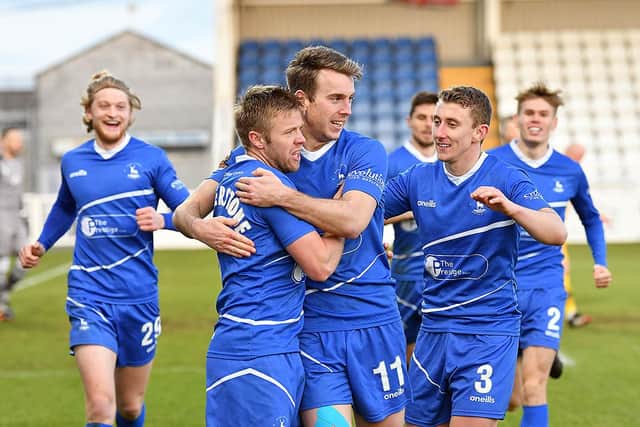 Rhys Oates celebrated sending Hartlepool United second in the National League table. Picture by FRANK REID