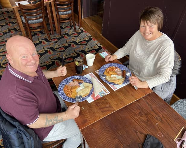 Tony ands Joanne Ingledew enjoy a JD Wetherspoon breakfast in the Ward Jackson pub, in Church Square, Hartlepool.